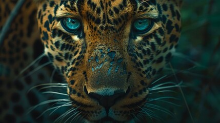 This captivating image features the piercing blue eyes and stunning facial markings of a majestic jaguar in a lush jungle setting.