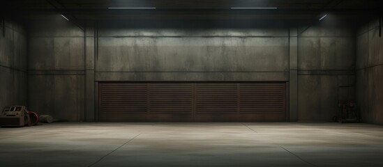 A dimly lit room with a closed garage door in the background. A single suitcase sits on the floor, adding an element of mystery to the scene.