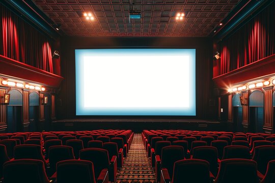 A cinema movie poster display mockup with a blank screen, in a theater lobby.