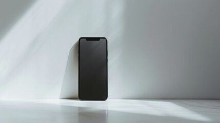 product photo of a sleek smartphone placed vertically, isolated on a white fabric background - obrazy, fototapety, plakaty