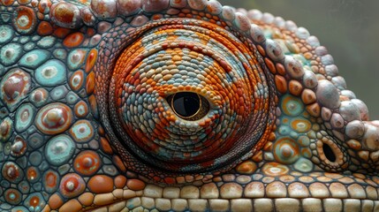 Naklejka premium Extreme close-up of a chameleon's eye revealing the mesmerizing texture and color patterns of its skin.