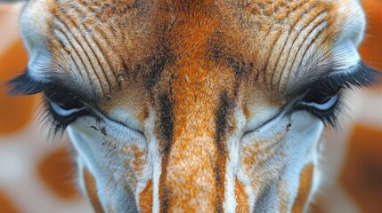 Macro shot capturing the soulful eyes and distinctive fur patterns of a giraffe's face in detail.