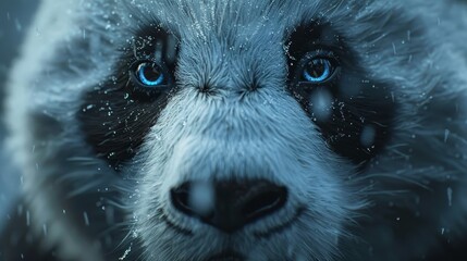 Close-up of a lemur with striking blue eyes during a gentle snowfall, showcasing its soft fur and captivating gaze. - obrazy, fototapety, plakaty