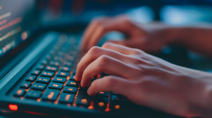 Close-Up of Hands Typing on a Backlit Keyboard