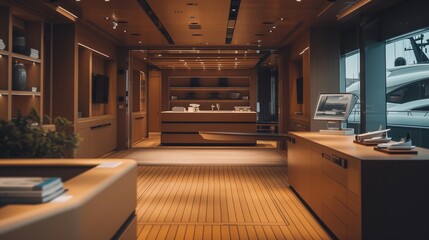 A luxury yacht showroom with an empty frame for boat features, models of yachts, and a sales desk