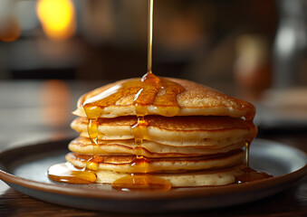 Golden Syrup Cascading over Fluffy Pancakes - obrazy, fototapety, plakaty
