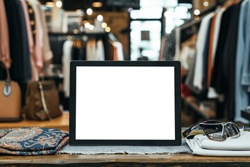 A boutique clothing store digital catalog mockup with a blank screen, amidst fashionable attire. - obrazy, fototapety, plakaty
