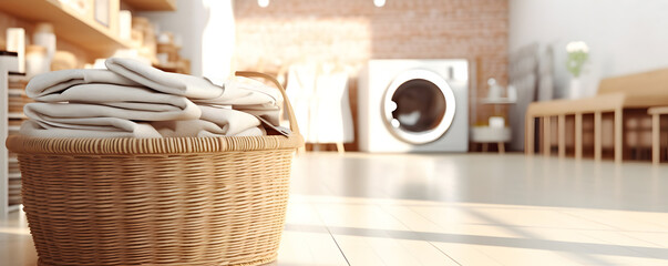 Fototapeta na wymiar Wicker basket with clothes on the floor in the laundry room. Utility room with bright sunlight, blurred background.