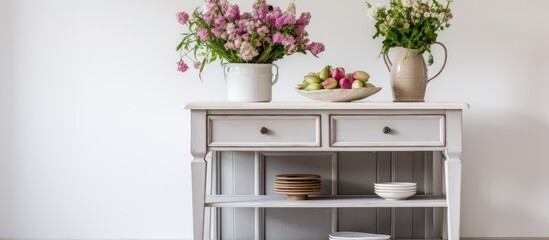 In a Provence interior, two vases filled with colorful flowers are positioned on a white table. The monochrome furniture and marble tabletop complement the fresh blooms beautifully.