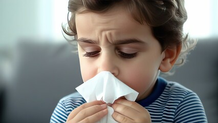 A charming baby blowing his nose in a paper or cloth handkerchief, The child suffers from allergies to pollen or food, - obrazy, fototapety, plakaty
