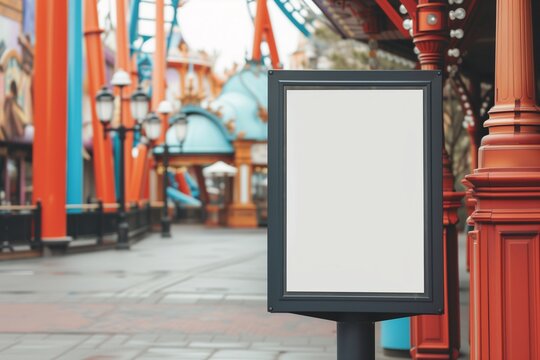 A theme park interactive map kiosk mockup with a blank screen, near a roller coaster.