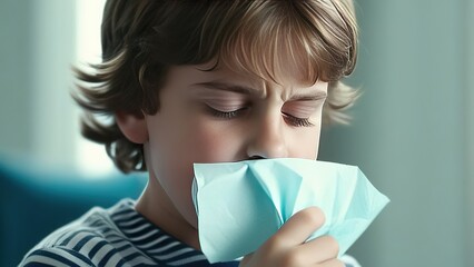 A charming baby blowing his nose in a paper or cloth handkerchief, The child suffers from allergies to pollen or food, - obrazy, fototapety, plakaty
