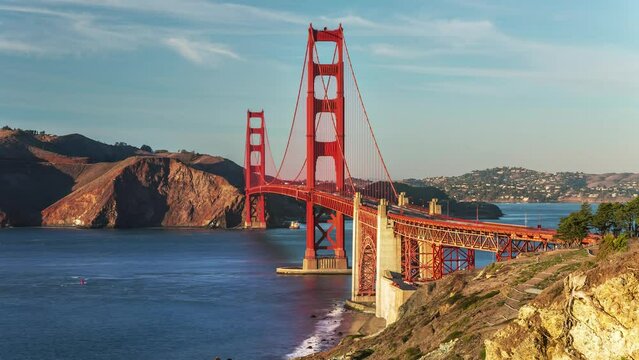 SAN FRANCISCO, USA - MARCH 7, 2024: Timelapse hyperlapse panoramic view of Golden Gate Bridge in San Francisco, California, USA