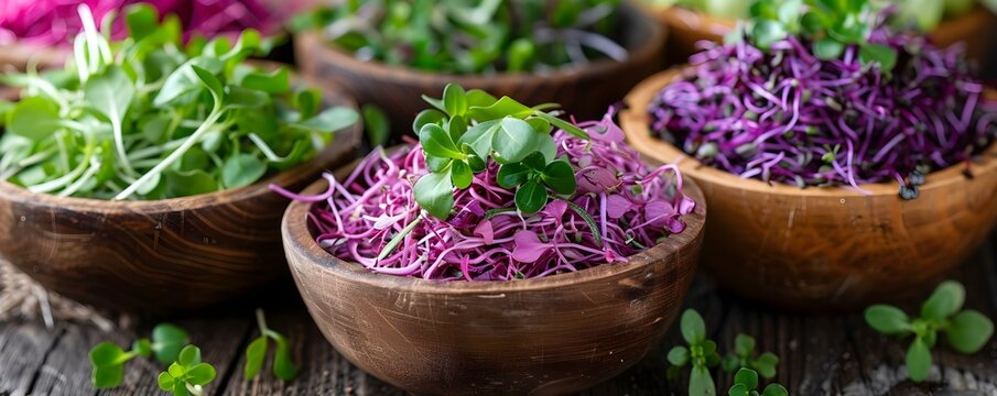 Vibrant salad bowl showcasing a variety of microgreens as the main ingredient. Concept Salads, Microgreens, Vibrant, Ingredients, Food Photography