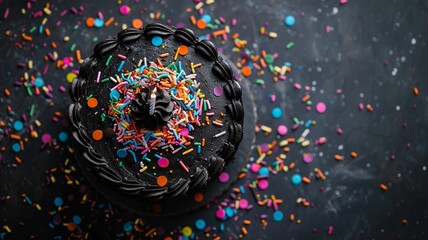 top view, horizontal image, chocolate birthday cake, on a black background, with copy space for text. For banner, design, cafe, shop, menu, interior, card, invitation, flyer
