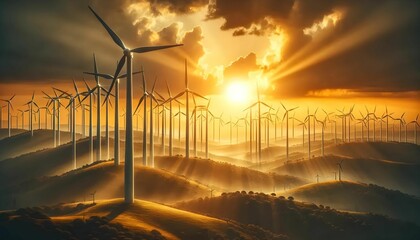 Clean energy wind turbines sunrise - obrazy, fototapety, plakaty