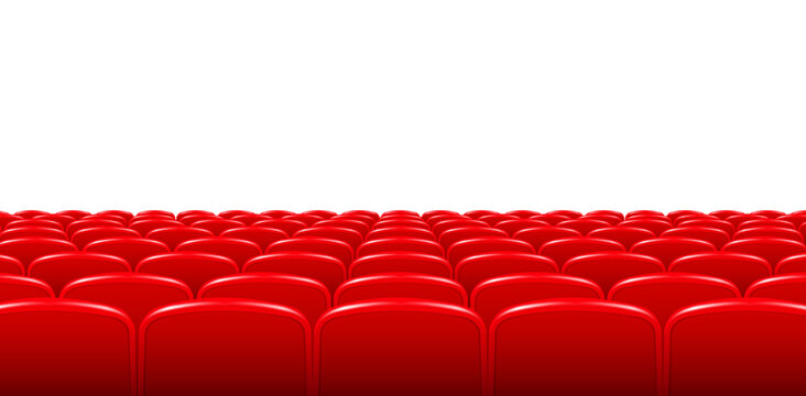 Movie theater hall with seat rows for audience and cinema projector. Vector