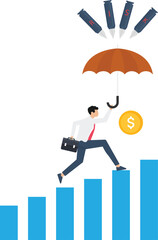 Businessman character holding an umbrella to protect himself and money against RISK words, Risk management concept

