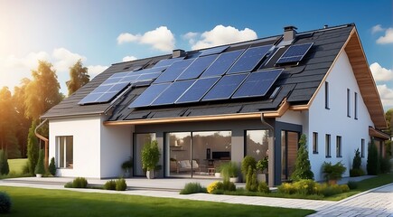Modern house with solar panels installed on the roof.  - obrazy, fototapety, plakaty