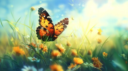 Summer spring field with sunshine and a flying butterfly, nature panoramic view landscape 