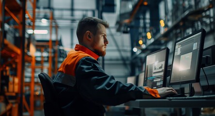 Engineer or technician are working on a computer on background of heavy industry