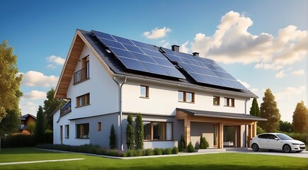 Modern house with solar panels installed on the roof. 