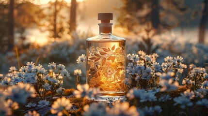 Glass bottle of liquid rests in flowerfilled field under sunlight - obrazy, fototapety, plakaty
