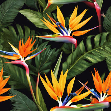 Seamless pattern with palm leaves, bromelia, strelitzia reginae flower known as crane flower, bird of paradise.