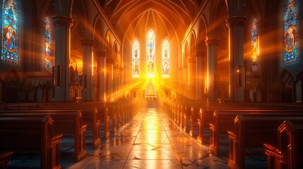 an empty church bathed in the soft light of dawn, awaiting the celebration of resurrection. a set of pew rows in an empty church in morning light from window