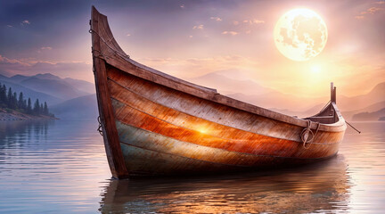 Wooden boat in the water at sunset