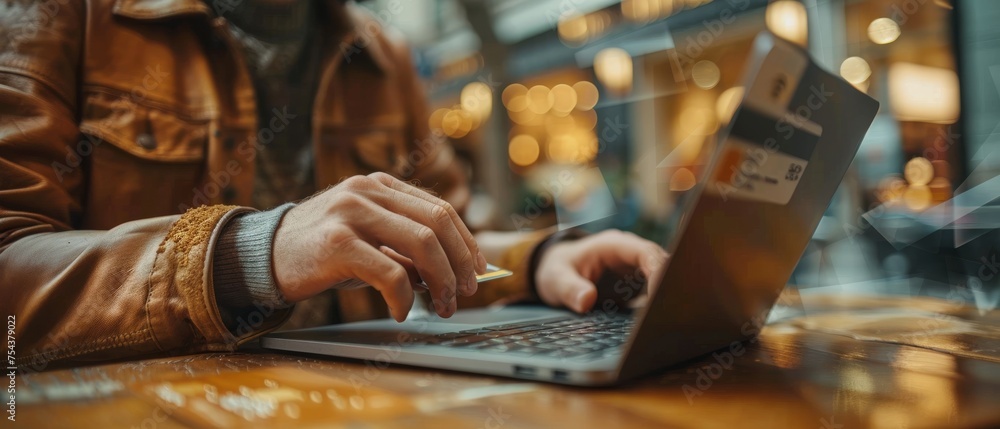 Poster Businessman using modern interface for online payments and the icon for customer network connection on a virtual screen as a business innovation technology concept.