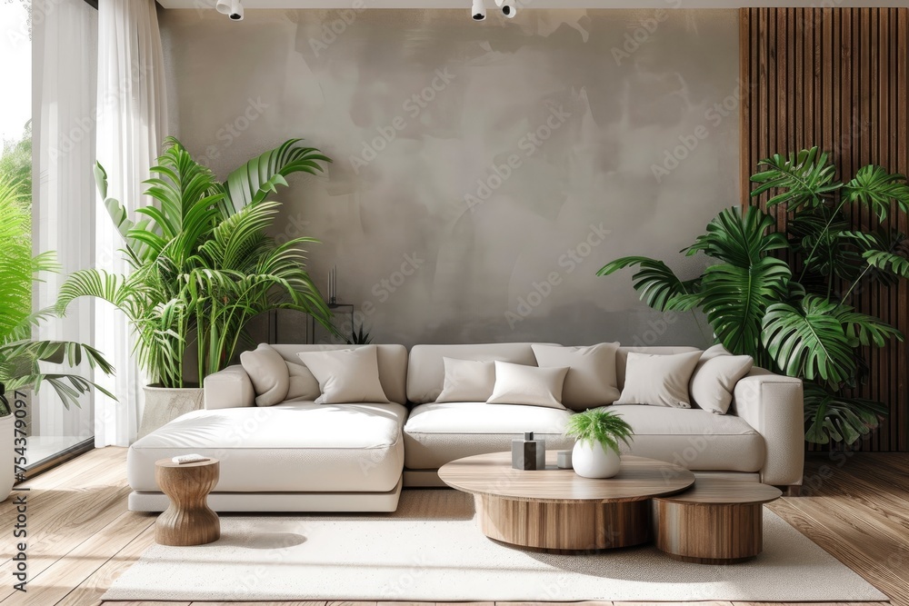 Sticker Interior of modern living room with white sofa and plants