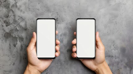 In this front close-up picture, male hands hold smart phones with an empty screen, showing the use of devices, transferring data files, touching the monitor, and a free copy space on the monitor.