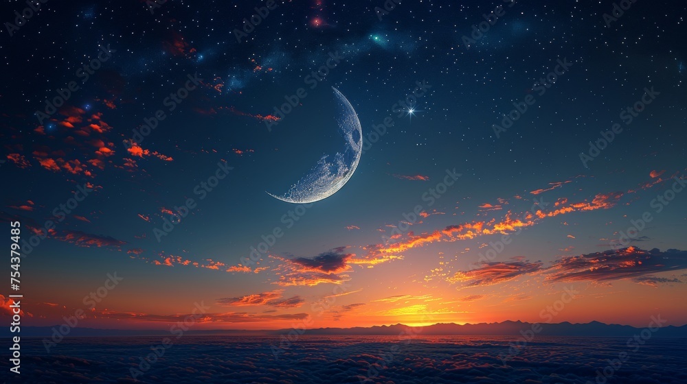 Poster moon and star on dusk sky with beautiful twilight, evening sky background with free space for editin