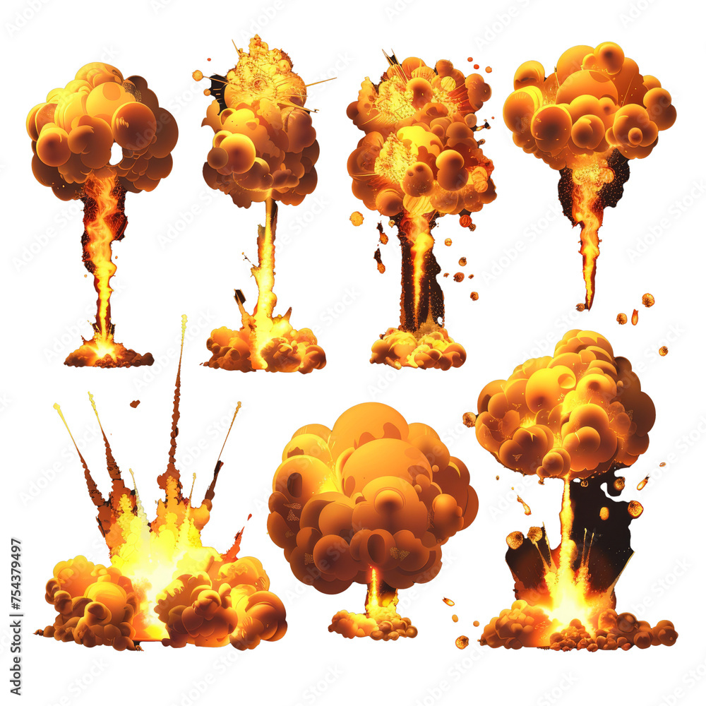 Poster intense fiery explosions with fire cloud. 2d war icon illustration. dangerous flaming firework with 