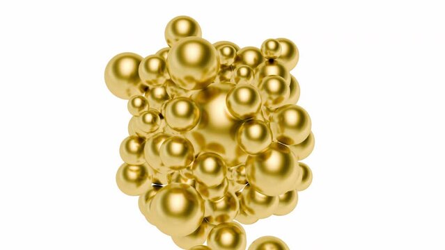 3d golden spheres flying on white background and are attracted to big ball. Abstract fashion composition. Modern animation.