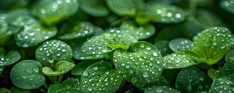 Capturing the Delicate Beauty of Dew Drops on Microgreen Leaves. Concept Macro Photography, Natural Elements, Close-up Shots, Botanical Details, Water Droplets