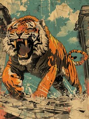 Obraz premium Epic showdown of a tiger and lion clashing amidst the ruins of an ancient city portrayed in a dramatic