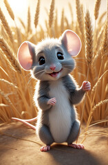Obraz premium rodent. little cute cartoon mouse in a wheat field