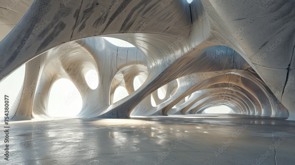 Aufkleber this is a 3d render of an abstract futuristic architecture with a concrete floor.