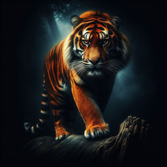 Primal Majesty: Majestic Tiger Against Dark Backdrop - Vibrant Orange Coat Contrasts Deep Blackness, Exuding Power and Grace, Inspiring Awe for Nature's Magnificent Predators