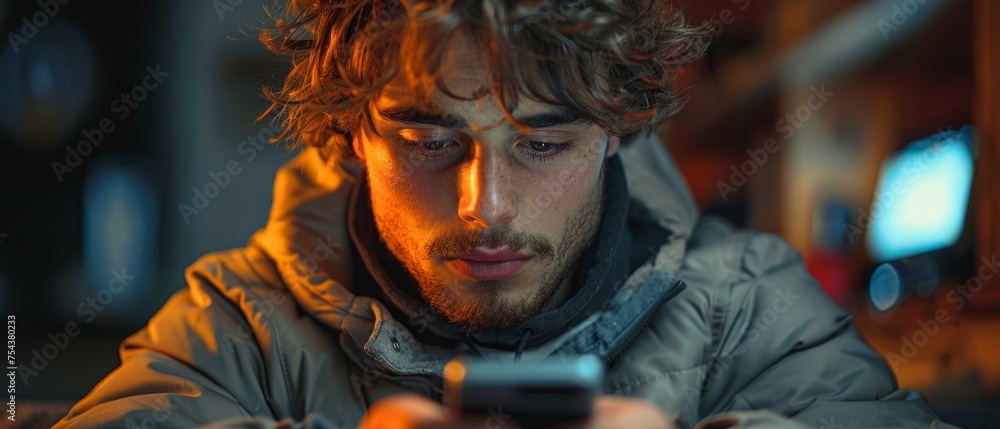 Aufkleber an image showing a man using a mobile smart phone in close up