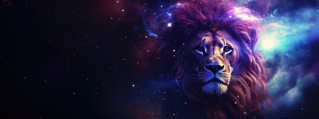 African lion, mane infused with stardust, gazes nobly against a backdrop of celestial bodies, nebulae, and a distant planet, embodying cosmic majesty.