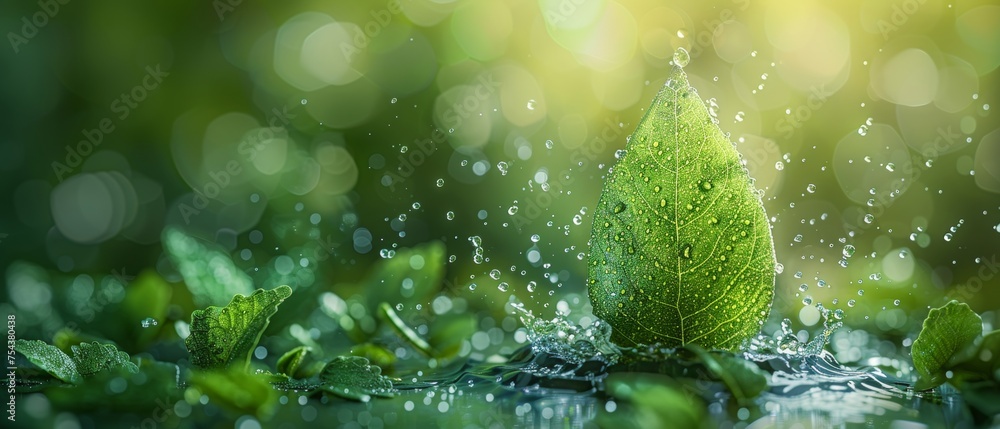 Poster animated 3d graphic concept of falling water droplet with green leaves. low poly style design with a
