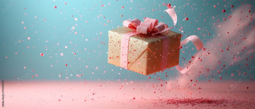 Poster the present box is floating on a pastel background in 3d. conceptual idea.