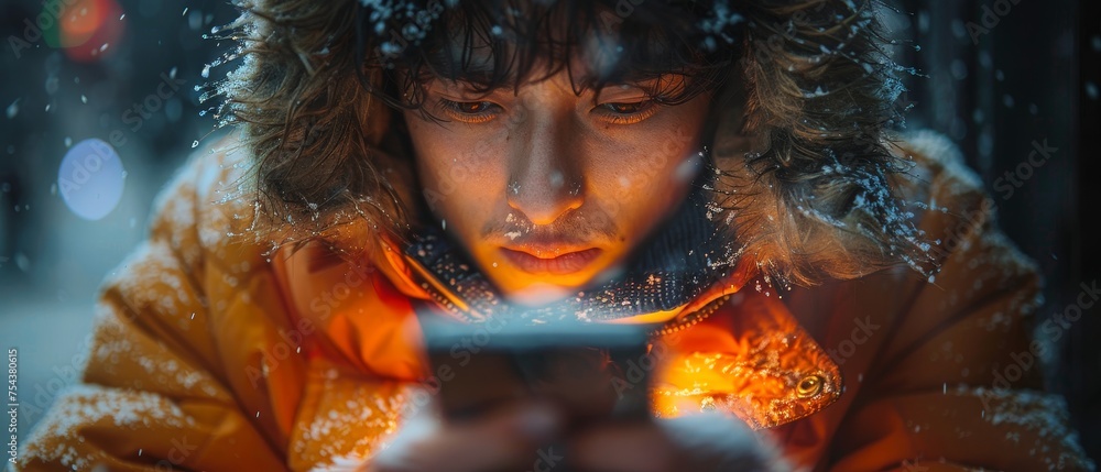 Aufkleber a close-up of a man using a smart phone on a mobile device