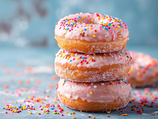 Delicious donuts photography, sweet taste, studio lighting, studio background, well-lit, vibrant colors, sharp-focus, high-quality, artistic, unique