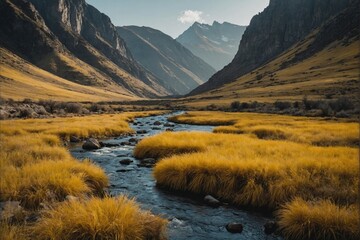 River in a mountain valley - obrazy, fototapety, plakaty