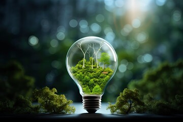 Glass lightbulb with green plant inside placed on dark forest background