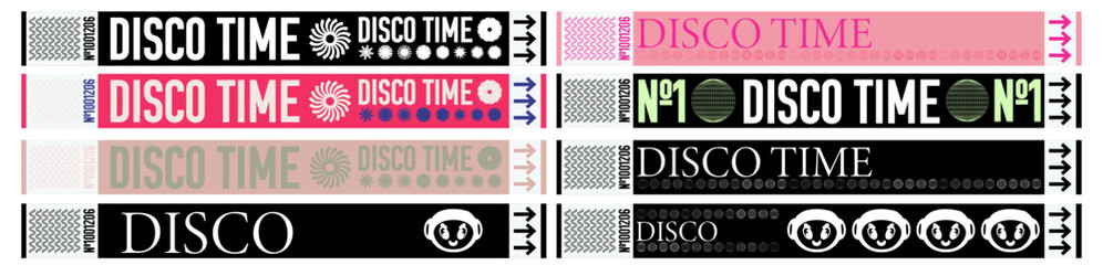 Control ticket bracelets for events, disco, festival, party, staff, fan zone. Vector mockup of a festival event bracelet in a futuristic y2k style, stock vector festival vector set of y2k braclets
